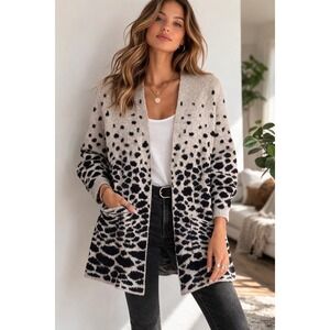 89th + Madison Womens Tan Black Animal Print Open Front Cardigan Sweater Small